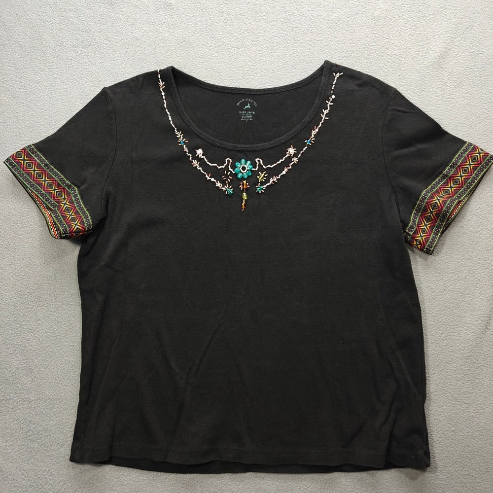 White‎ Stag Beaded Embroidered Top Women XL Short Sleeve Floral Southwestern